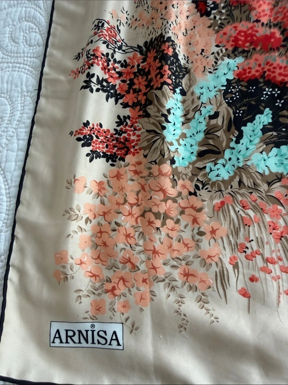 Arnisa Istanbul Vintage Floral Scarf Coral Teal Peach 35” Square